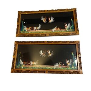 Vintage Mexican Roosters w/ Real Feather Folk Art in Carved Wood Frame Pictures